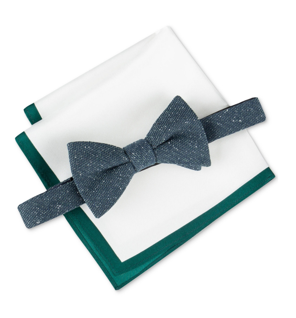 Tommy Hilfiger Men Donegal Textured Bow Tie & Pocket Square Set Hunter Green